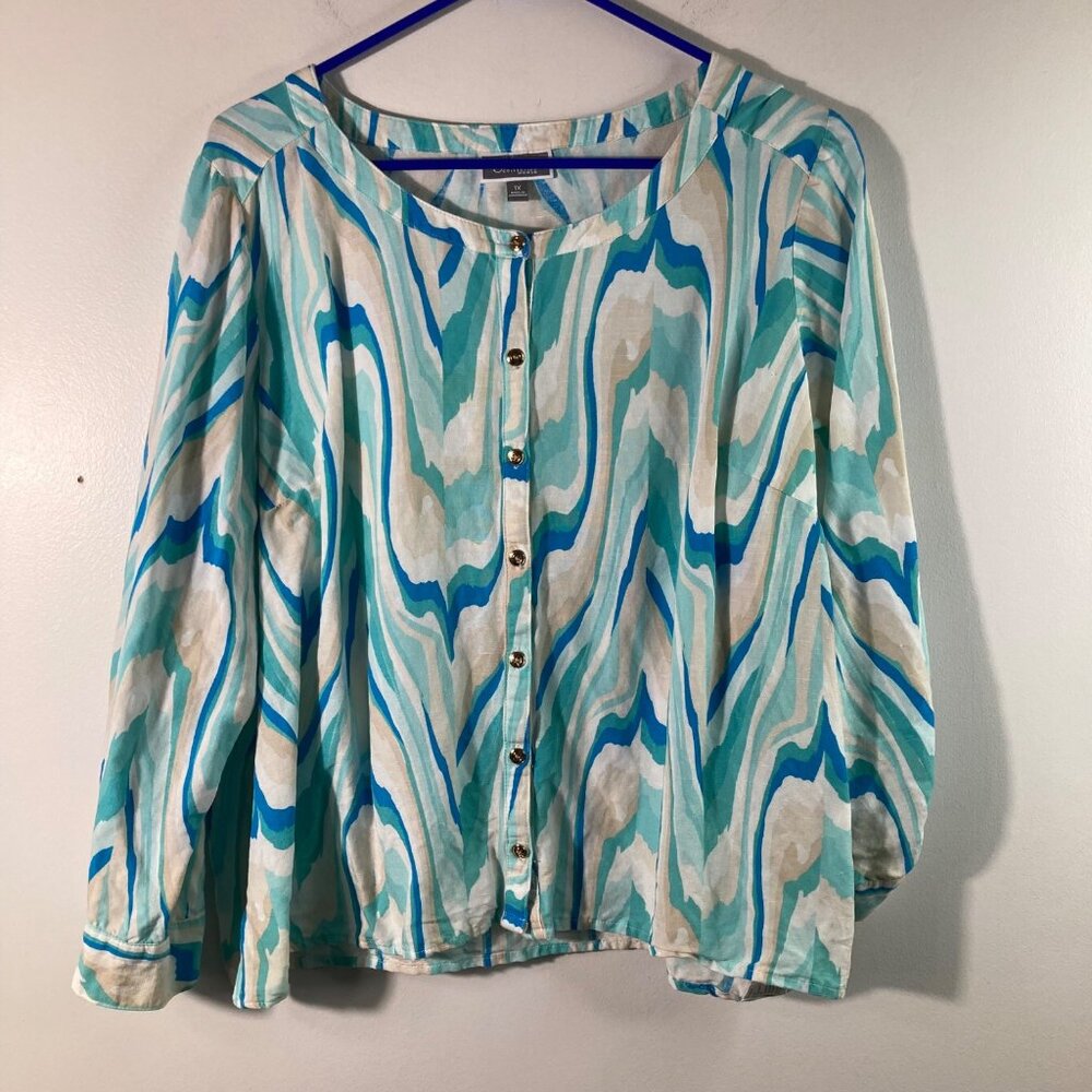 Womens JM Collection Linen Blend Button Shirt Wave Pattern 1X